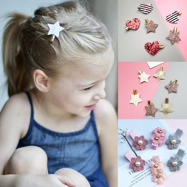 

hair accessories 10sets=60pcs kids girls pu leather stars stripe love pearl flowers clips crown baby hairpins barrette, Slivery;white