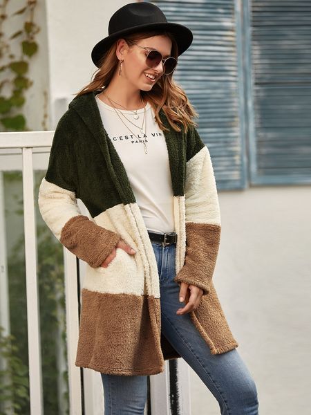 

panelled long sweatshirts plush hoodies women blouse clothe outerwear winter coats for women trench coats long lady blouse plus size loose, Black