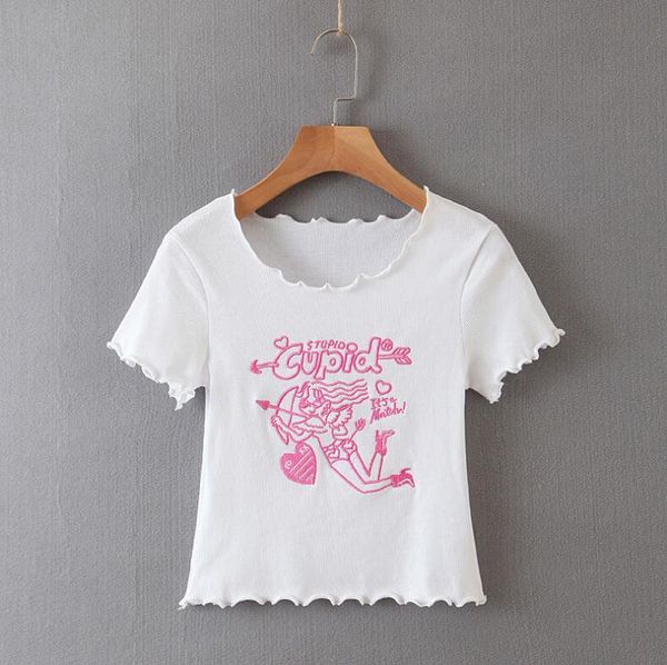 

cotton blend embroidery short sleeve t-shirt tee blouse, White