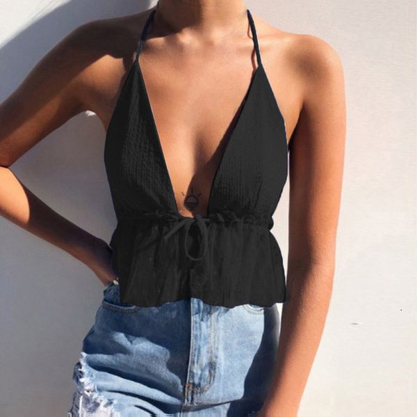 

women summer holiday fashion tank pure color off shoulder backless lace up vest crop feminino, White