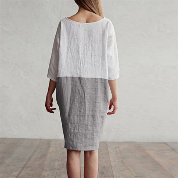 

2020 summer dress women casual patchwork 1 2 sleeved cotton linen loose pockets tunic dress fashion casual sundress, Black;gray