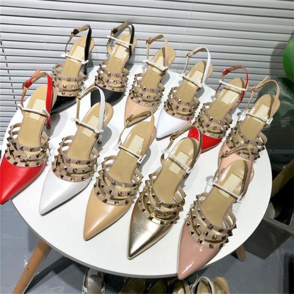 

women's sandals genuine hapucky leather new fashion pumps rivets high heel shoes pointed toe shoes brand designer pumps, Black