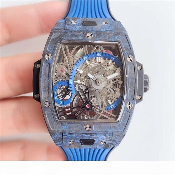 

tourbillon manual mechanical movement watch by 42mm hollow wine barrel dial carbon fiber material black sapphire crystal man watch, Slivery;brown