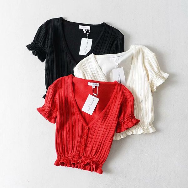 

ins 2019 summer new european and american hollow lace v-neck slim navel short knitted cardigan t-shirt female sale, White
