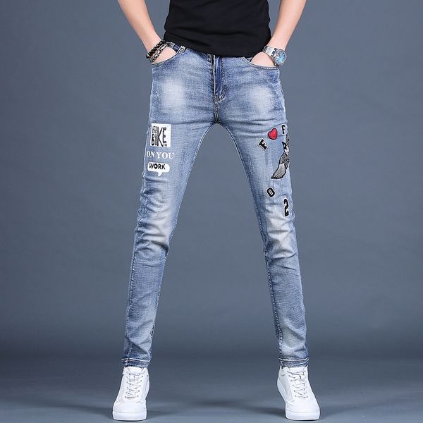 

ahx4m season embroidered ripped jeans men's tight jeans tight pants fashion brand stretch all-match personality korean style men's, Blue