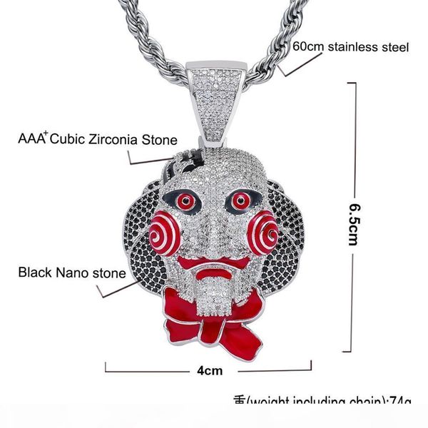 

chainsaw ugly mask pendant & necklace hip hop jewelry women men's colorful cubic zircon with rope chain for fashion, Silver