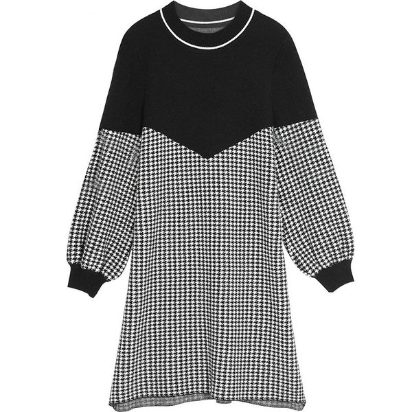

black plaid patchwork knit pullover dress women 2020 winter a line vintage lantern sleeve casual ladies daily dresses, White