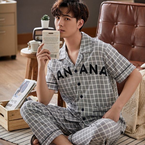 

qexoy pajamas men's cotton short-sleeved trousers men's cotton casual clothing pajamas clothing thin green middle-aged home clothe, Blue;red