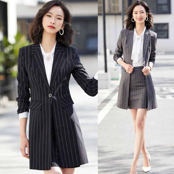 

formal black striped blazer for women skirt suits long jacket ladies work wear business office uniform styles, White;black