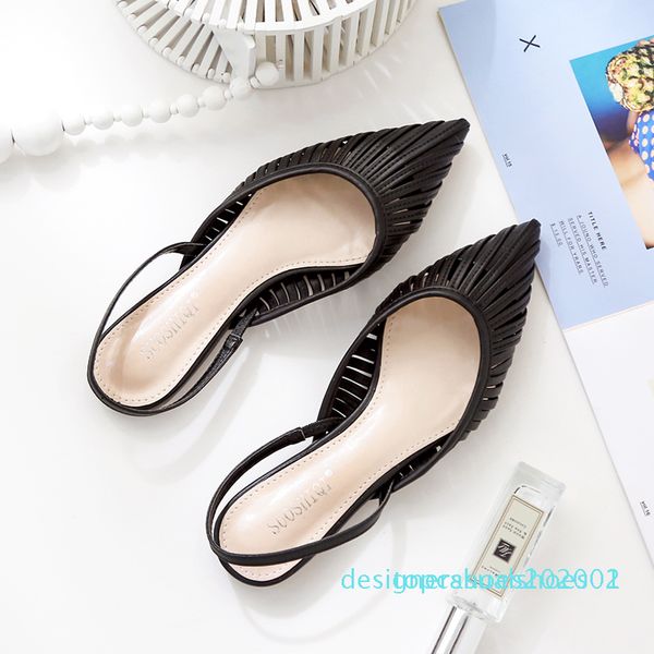 

htuua 2019 fashion pu leather hollow pointed toe sandals women summer shoes woman flat heel mules slippers sandalias t02, Black