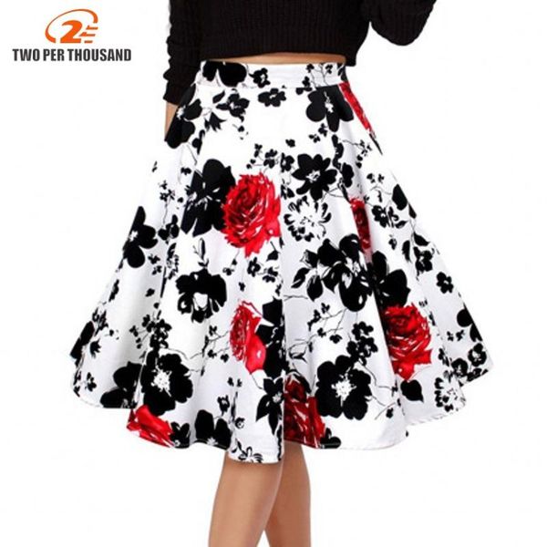 

50s vintage woman retro red rose flower bouquet floral print high waist midi skirts knee-length long saia feminina ladies skirt, Black