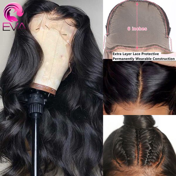 

eva body wave fake scalp wig 13x6 lace front human hair wigs pre plucked with baby hair brazilian remy lace wigs bleached knots, Black