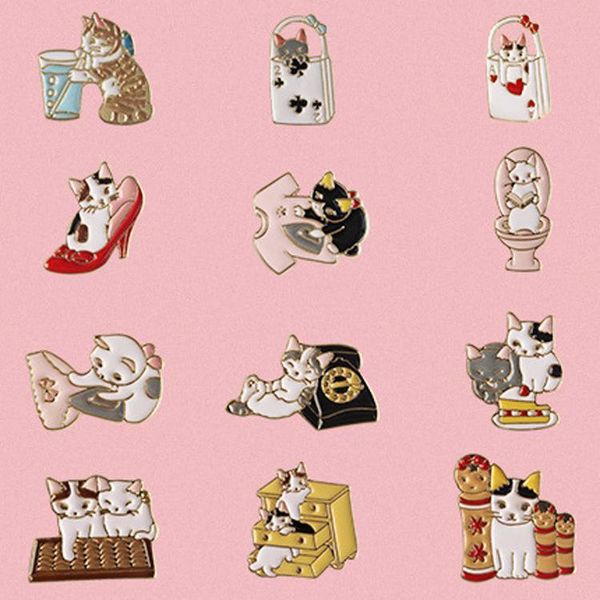 

12pcs lot bag shirts jean accessories metal enamel kitty cat brooch pin badge, Gray