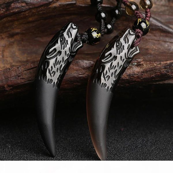 

natural stone black and ice obsidian pendant necklace wolf tooth amulets and talismans couple necklace for women and men, Silver