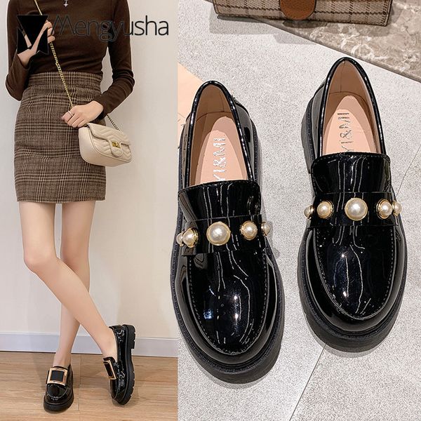 

patent leather creppers pearl studs oxford shoes women slip on flat loafers british crystal/metal square buckle pu leather shoes, Black
