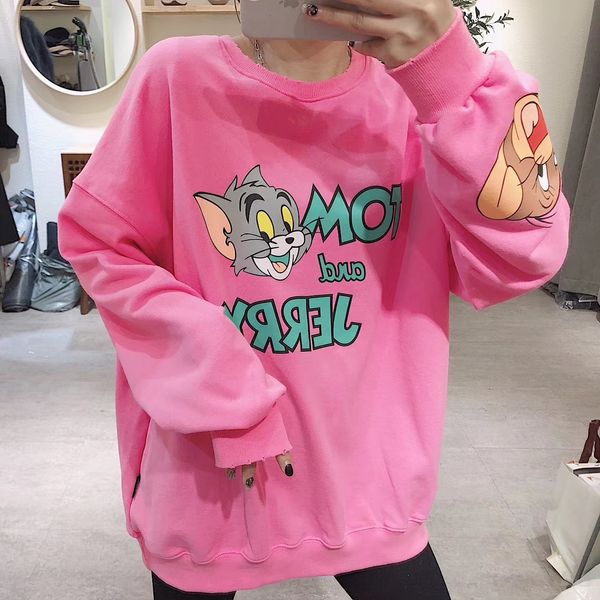 

l6t7v spring new korean style age-reducing all-match cartoon printing washed worn edge loose round neck sweater women's fashionable swe, Black