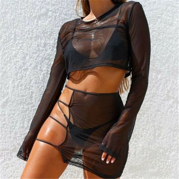 

black white women transparent cover beach tracksuits fashion summer long sleeve crop skirts dress see through clothing, Gray
