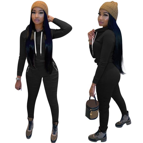 

женская твердая из двух частей брюки с длинным рукавом drawstring с капюшоном пуловер топ и брюки famale tracksuit, White