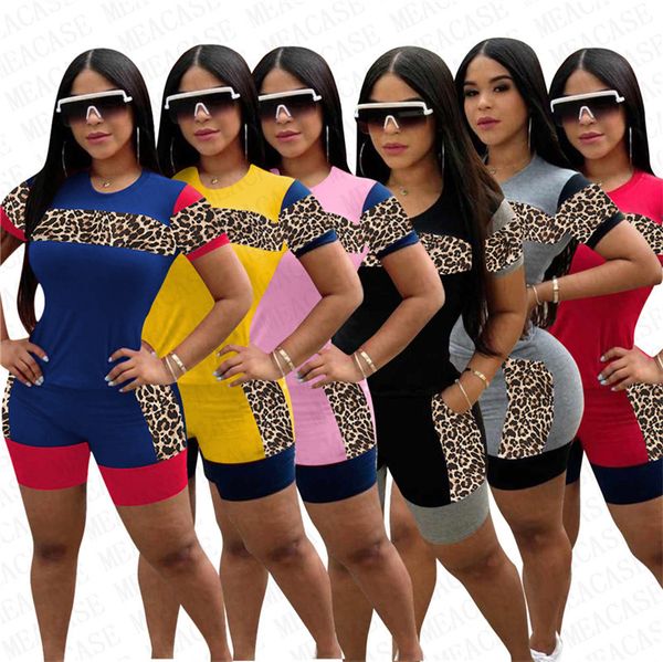 

women summer tracksuit designer t shirt leopard patchwork color shorts set s-3xl two piece outfits trend casual sports suit clothing d72205, White