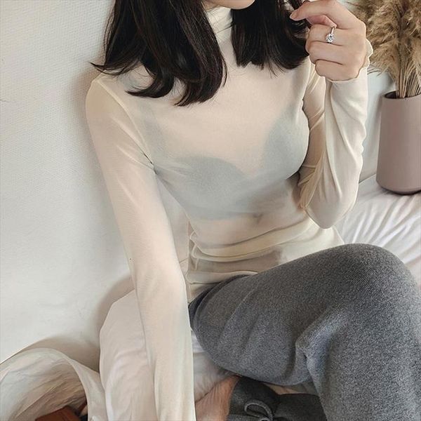 

fashion mesh solid basic t shirt long sleeve high collar see through petal sleeve t shirt thin slim street casual tee shirts, White