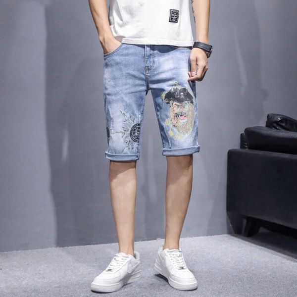 

men ripped jeans short mens designer pants letter printed patches fog short for male denim skinny pants, Blue