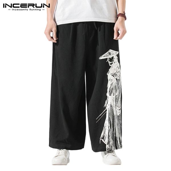 

incerun men vintage wide leg pants retro printed joggers casual elastic waist trousers loose cotton streetwear pantalones s-5xl, Black
