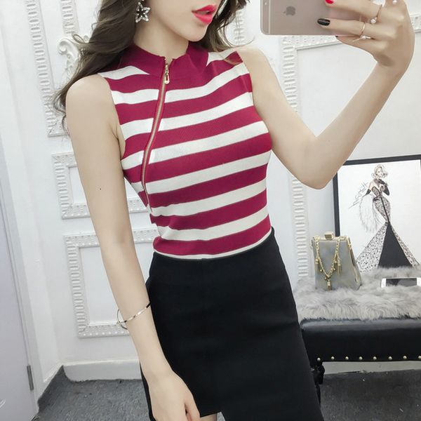 

girls fashion sheath chic zipper slim sleeveless t shirts tanks camis ladies striped for women, White