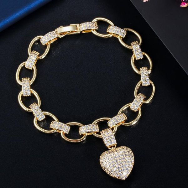 

heart charm cz cubic zirconia yellow gold bohemian link chain bracelets for women femme fashion jewelry cb200, Golden;silver