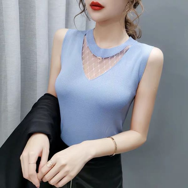 

mesh knitted vest women 2020 summer tanks fashion sleeveless camisole female vests casual knitting femme vest new black, White