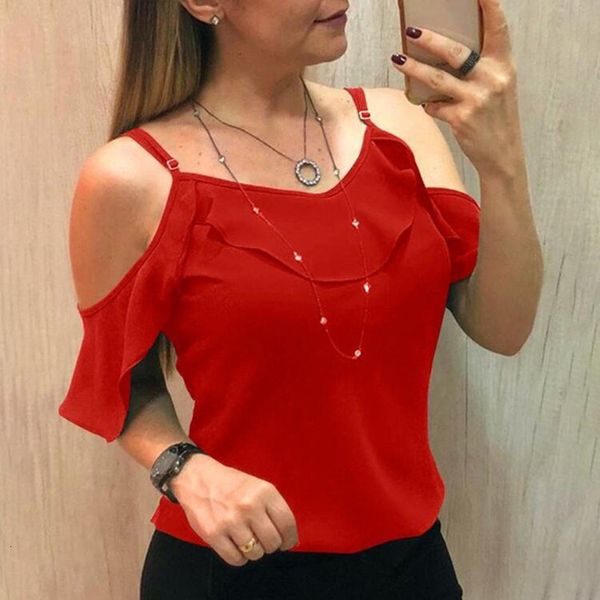 

fashion blouses women off shoulder v neck summer solid strappy ruffle casual chiffon womens and blouses blusas mujer de moda 2020, White