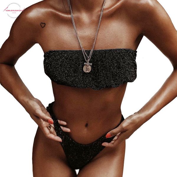 

bandeau shiny glitter bikini polyester 2020 women brazilian swimwear female swimsuit two pieces bikini set bather bathing suit swim, White;black