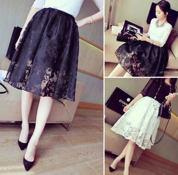 

2020 new women 2 piece fake skirts lace skirts hight waist elastic ball gown solid black skirt size