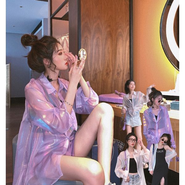 

salt sun-proof women's shirt thin loose mid-length long-sleeved purple shirt design sense small and light trendy, White