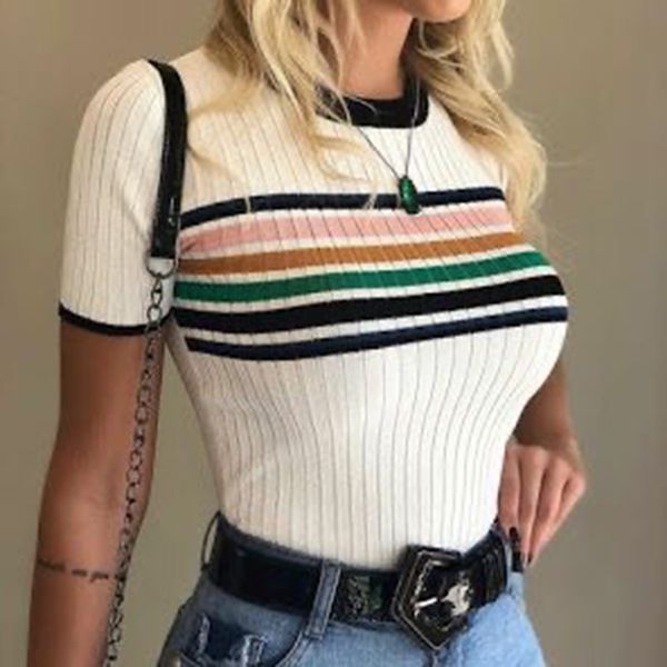 

2020 new women summer crop fashion women's summer knit striped print short sleeve women casual o-neck clothes, White;black