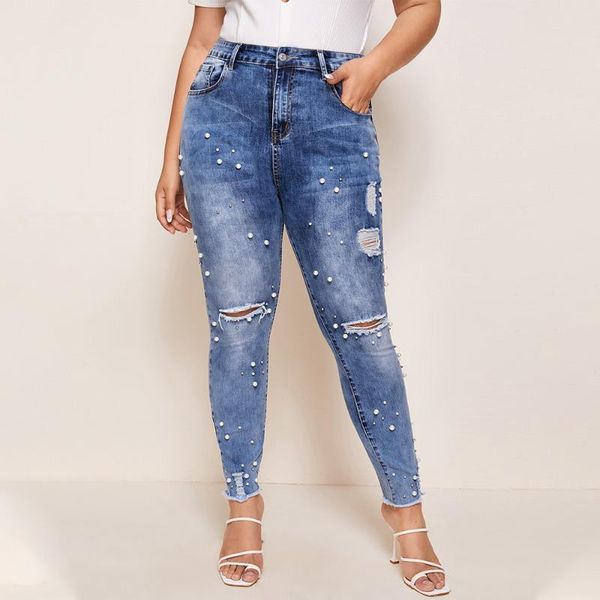 

slim fit casual ripped jeans for women zipper vintage with holes beading bell bottom jean denim pants trousers high waist jeans, Blue