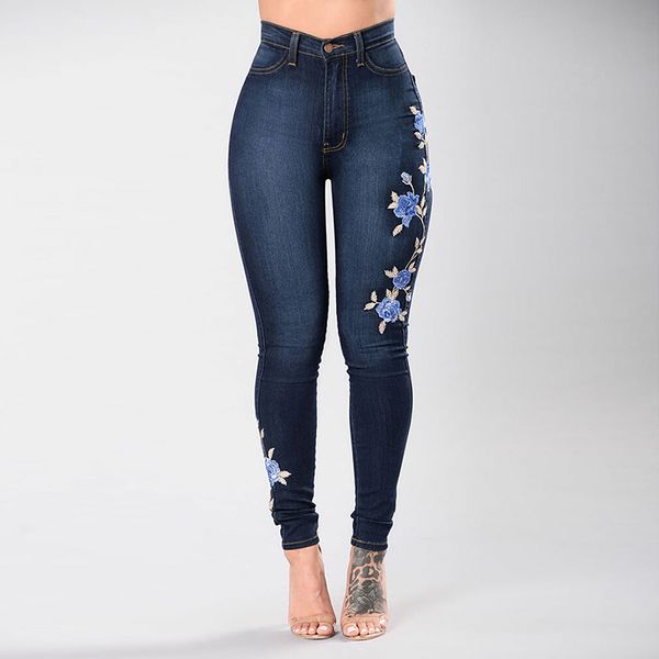 

women blue rose embroidered jeans lady's skinny jeans girl's slim print trousers high waist pencil pants plus size