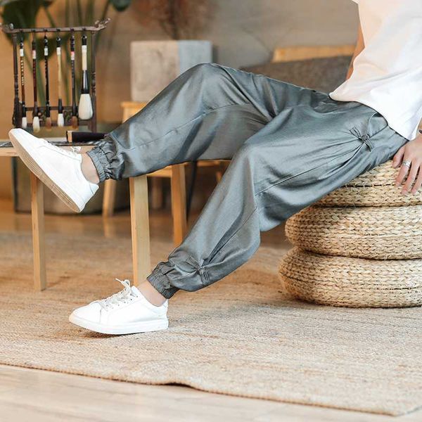 

ice silk men's loose casual long trousers summer wide leg pants chinese style big size 5xl h78, Black