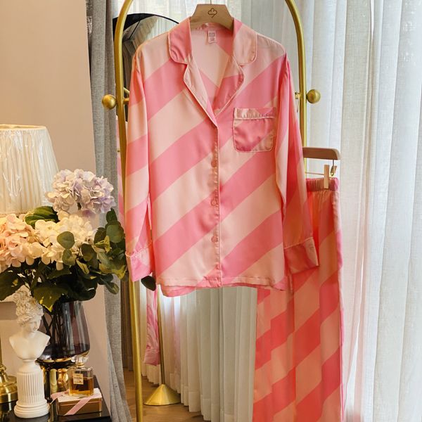 

sweet pink vs stripes imitation silkseason thin pajamas set and trousers long sleeve trousers suit comfortable, Blue;red