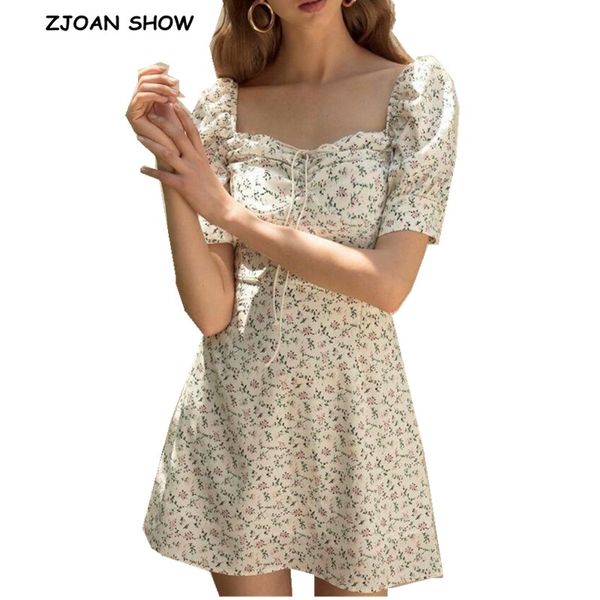 

2020 new french fresh small flower short white dress retro women lacing up tide bow bra collar short puff sleeve mini dresses, Black;gray