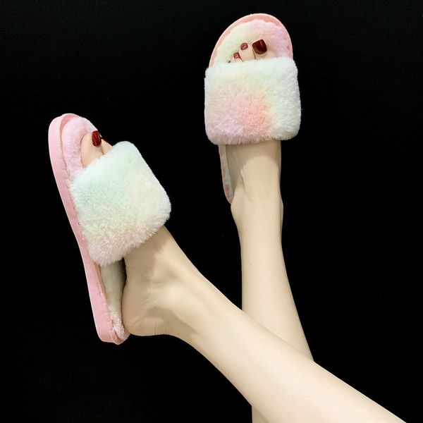 

2020 fashion rainbow color fur slides women fur sandals woman female indoor shoes fluffy plush with slippers flip flops, Black