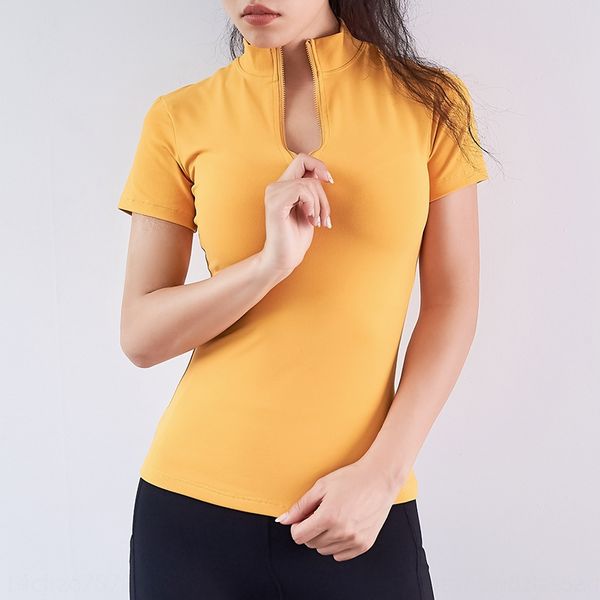 

xtw0i stand collar sports short sleeve women's slimming elastic quick-drying t-shirt zipper t-shirt zipper tight breathable running yog, Black