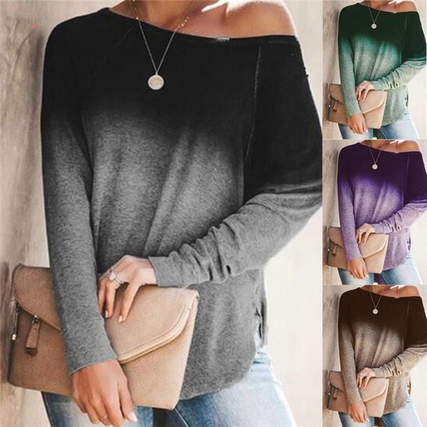 

gradient women designer t shirts plus size oblique shoulder tshirts casual spring autumn long sleeve clothing, White