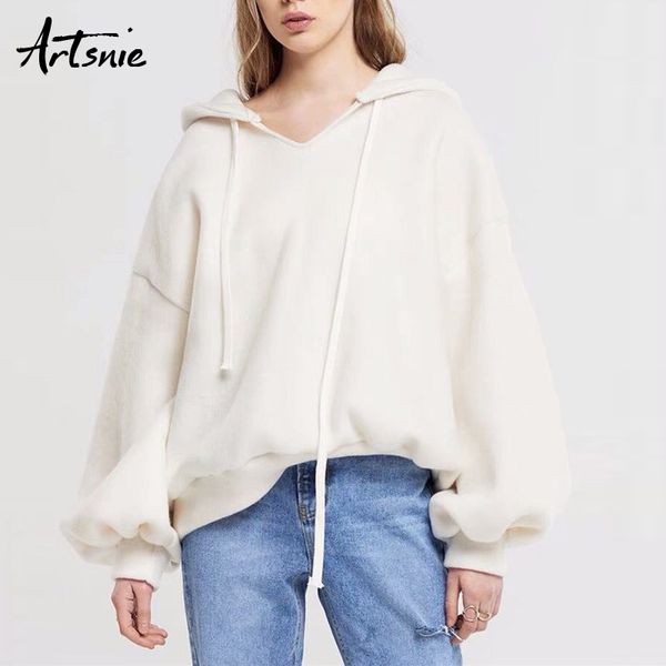 

artsnie white casual cotton winter 2020 loose sweatshirt women lantern sleeve warm hoodies pullovers autumn oversized hoodie, Black