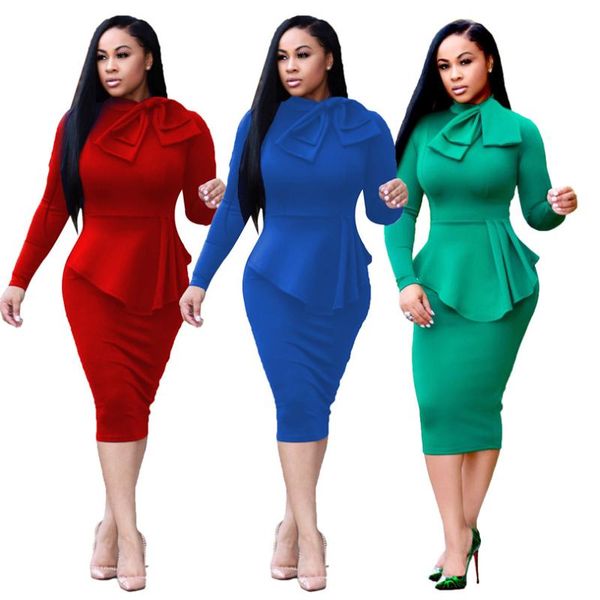 

africa clothing autumn two pieces set pencil dress long sleeve high waist sheath front bow elegant office lady, Red