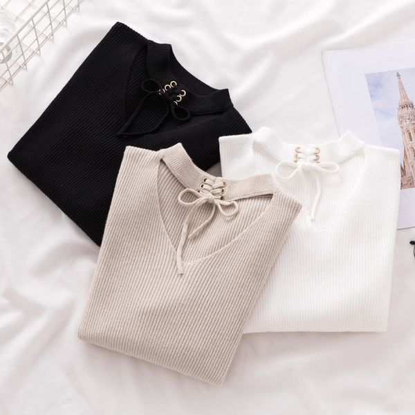 

hollow out women sweaters autumn winter knit pure pullover lace up bodycon solid casual long sleeve cashmere jumper, White;black