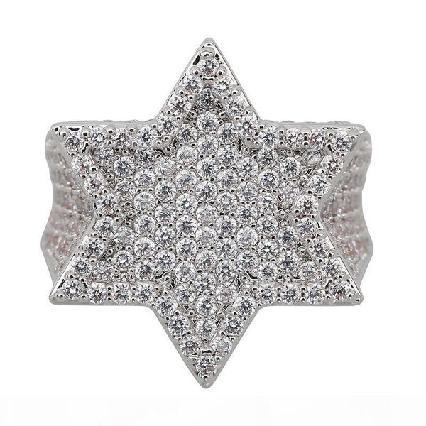 

real gold white gold dark green iced out цирконий шестиугольная звезда палец кольцо диапазона сохранения цвета bling алмазный рэппер кольцо, Silver