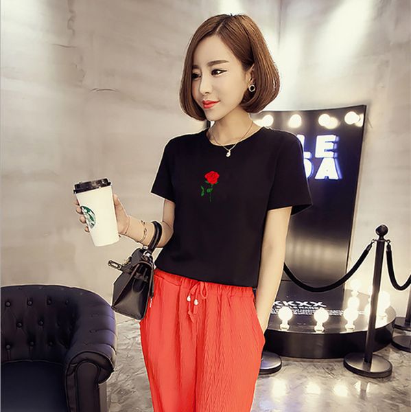 

womens small red flower t-shirt student printed bottoming shirt short-sleeved fashion one-piece hair, White;black