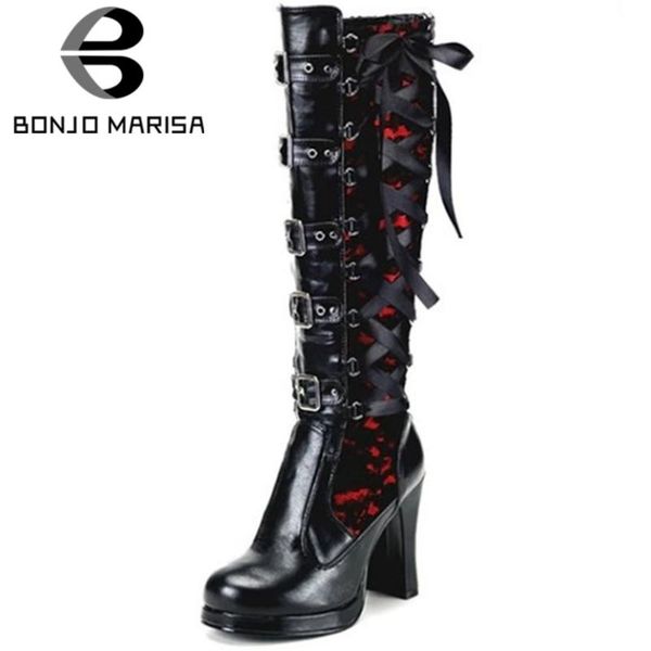 

bonjomarisa cool girl buckle round toe high heels lace up platform buckle mid calf boots women 2020 party shoes woman, Black