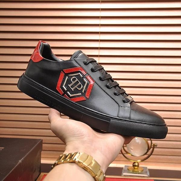 

new new luxury men shoes fashion sneakers flats with box lo -sneakers hexagon herrenschuhe rubber sole leather sneakers mens shoes casua, Black