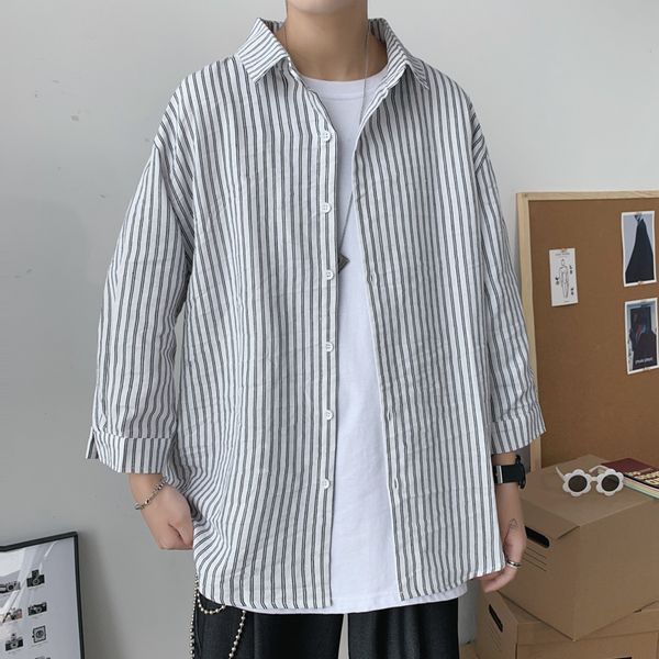 

legible 2020 spring autumn striped shirts men three quarter sleeve shirt men casual loose shirt korean shirts male, White;black